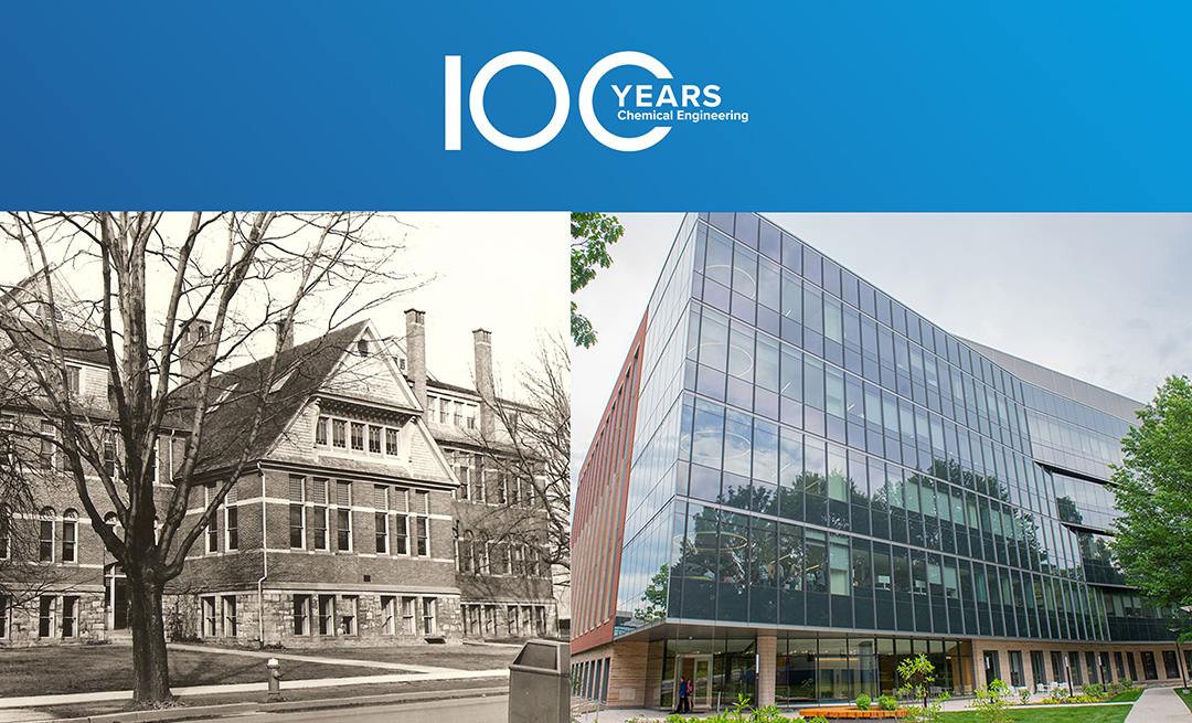 A black and white photo of a building and a modern building on a blue background, with a 100 years logo above